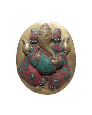 Seven Chakra Handicraft-20cm size Hanging Ganesha Design wall Décor(Torquuise Decorated) (Golden)