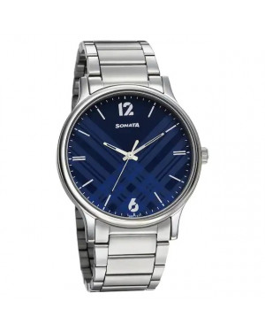 Sonata Smart Plaid In Blue Dial Stainless Steel Strap Watch 77105SM05
