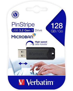 Verbatim 49319 128GB Pinstripe USB 3.2 Gen 1 Flash Drive Retractable Thumb Drive With Microban Antimicrobial Product Protection- Black