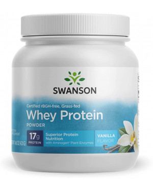 Swanson Grass Fed Cold Pressed Certified rBGH Free Hormone Free Vanilla Whey Protein Powder with Aminogen Enzyme Sports Nutrition Muscle Workout Support
