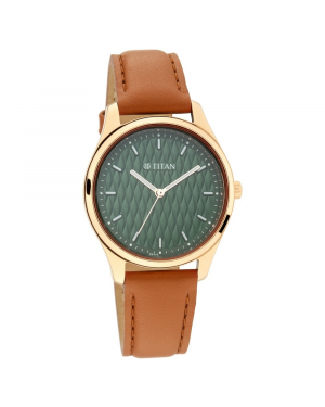 Titan Workwear Watch With Green Dial & Leather Strap Model - 2639KM01