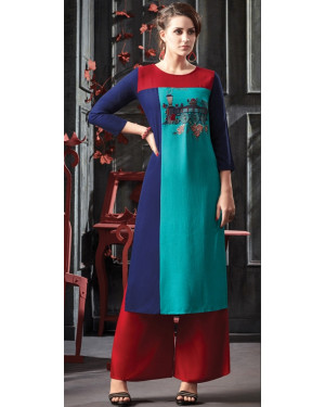 TZU Women Designer Blue & Green embroidered Rayon Kurti 