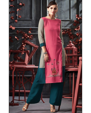 TZU Women Designer Pink embroidered Slub Rayon Kurti 