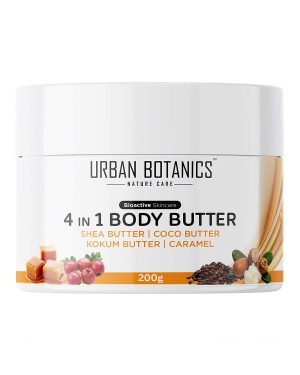 UrbanBotanics® 4 in1 Body Butter For Dry Skin/ Normal Skin/Itchy Skin & Stretch Marks with Shea Butter, Cocoa Butter, Kokum Butter & Caramel - Body Cream For Women & Men, 200g