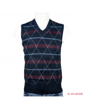 VIRJEANS Woolen (VJC209) V Neck Style Half Check Sweater For Men Winter Season - Dark Blue