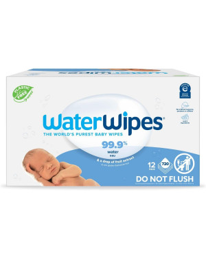 WaterWipes Plastic-Free Original Baby Wipes, 99.9% Water Based Wipes, Unscented & Hypoallergenic for Sensitive Skin, 60 Count (Pack of 12), Packaging May Vary 
