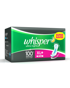 Whisper Ultra Overnight Sanitary Pads XL+ Wings-30 Count