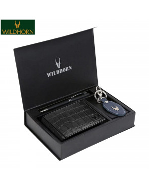 WILDHORN Nepal® Men's RFID Protected Genuine Leather Wallet, Keychain and Pen Combo (WHPWK1173BLACKCROCO2)