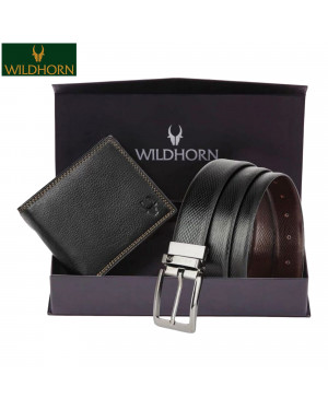 WILDHORN Nepal Gift Hamper for Men - Black Leather Wallet and Reversible Formal Black and Brown Belt Men's Gift (Combo WHBWC-2010BLK+560BLT)