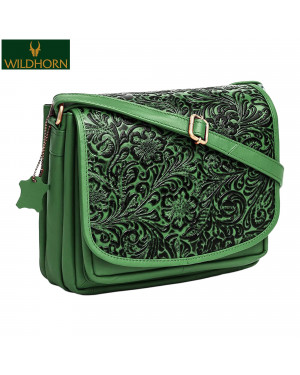 WILDHORN Nepal Oliva Crossbody Bags for Women-Premium Leather Vintage Fashion Purse with Adjustable Strap ( LB1002 Green floral print)