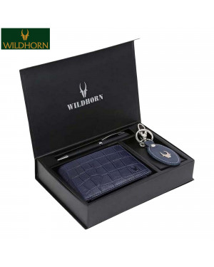 WILDHORN Nepal® RFID Protected 100% Genuine Leather Wallet, Leather Keychain & Pen Combo for Men(WHPWK201BLUECROCO2)
