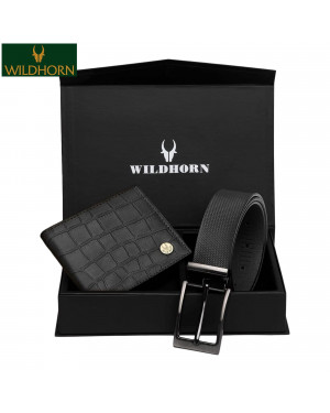 Wildhorn Nepal Genuine Leather Black Croco Style Leather Wallet And Black Formal Black Belt Combo (Beltcombo2052blkcroco) For Men