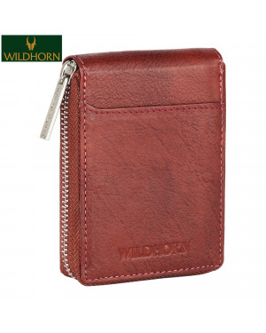 WILDHORN Nepal Genuine Leather RFID Protected 9 Slot Vertical Credit Debit Card Holder I Zipper Money Wallet I Coin Purse I External ID Slot I Cash Compartment (WH 2093 maroon)