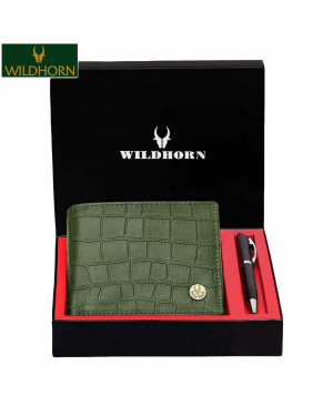 WildHorn® RFID Protected Genuine Leather Wallet & Pen Combo for Men (Green Croco)