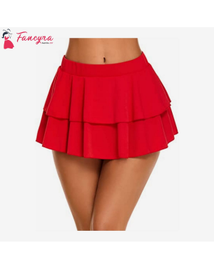 Fancyra - Women Pleated Mini Skirt Solid Ruffle Lingerie Skirts Free Size Red Color