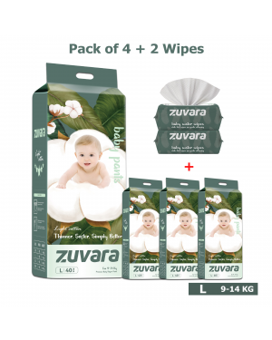 Zuvara Feather Diaper Pants - L (Pack Of 40*4) + 2 Baby Water Wipes
