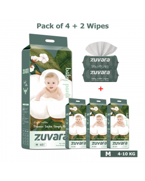 Zuvara Feather Diaper Pants - M (Pack Of 40*4) + 2 Baby Water Wipes